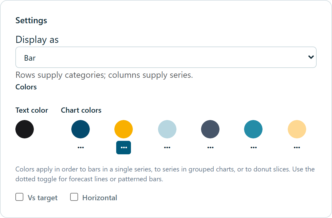 Bar view settings with text and chart colors, Vs target and Horizontal checkboxes