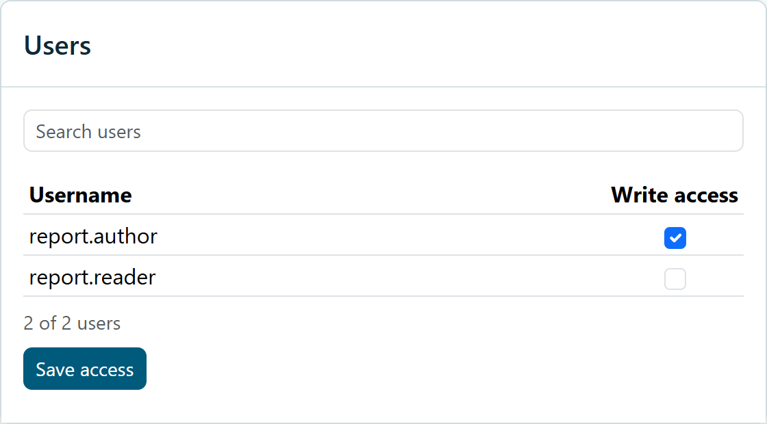 Users dialog with example author and reader accounts and their Write access checkboxes